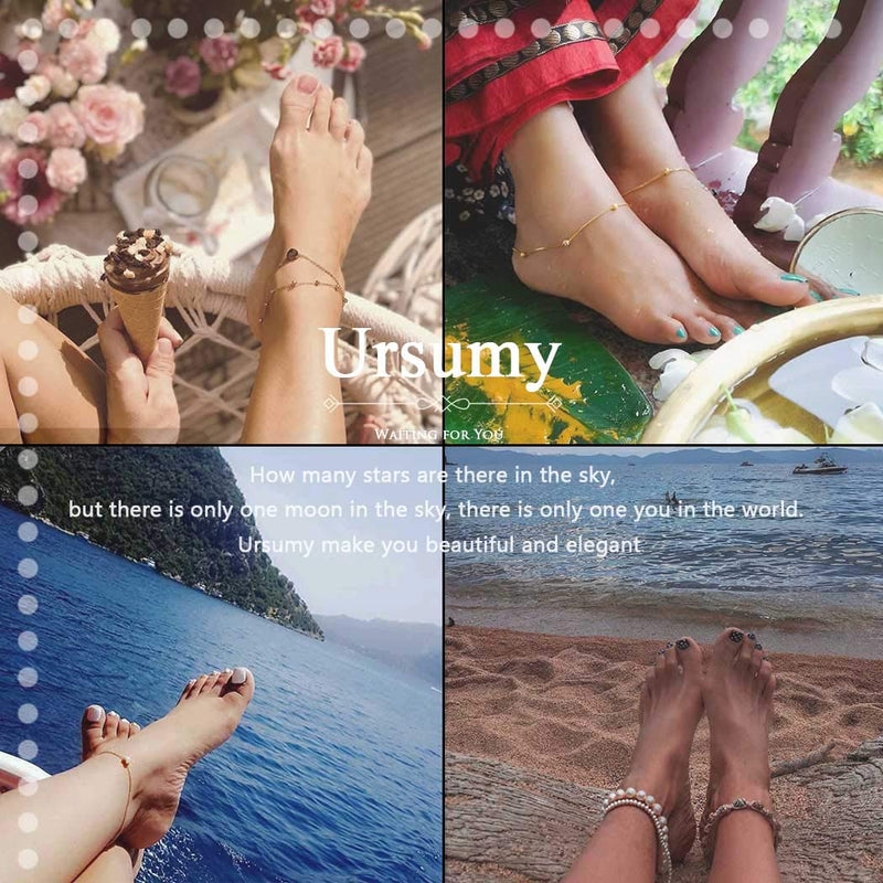 [Australia] - Ursumy Beaded Foot Chain Simple Barefoot Sandals Beach Anklets Bracelets for Women and Girls 2Pcs (Black) Black 