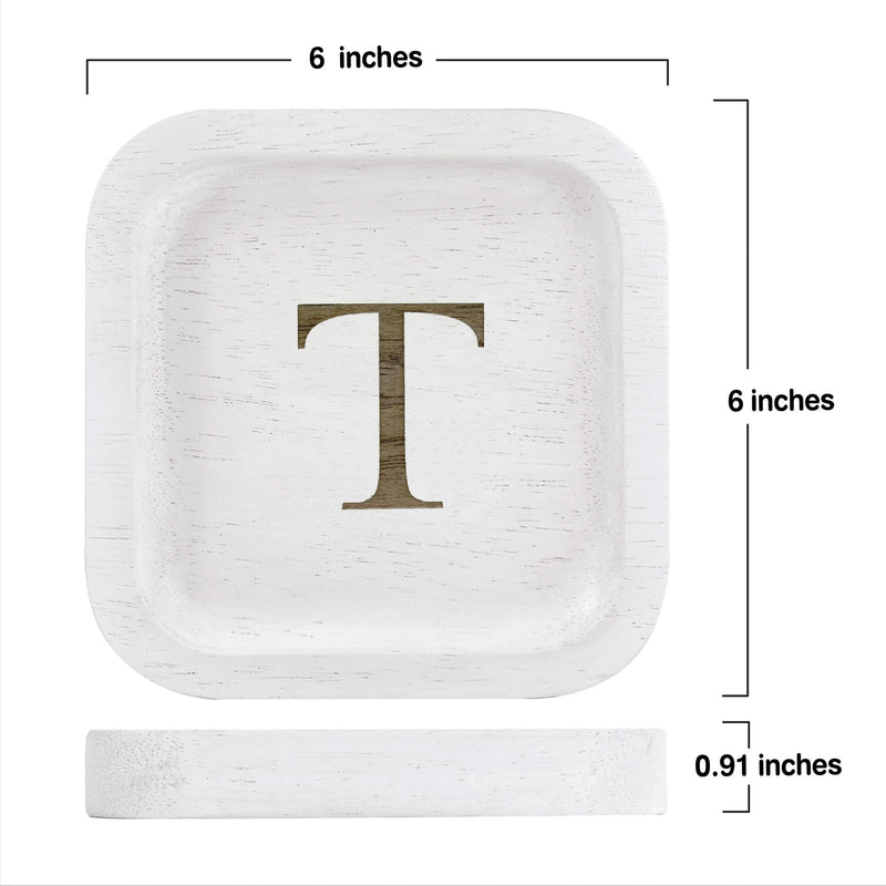 [Australia] - Solid Wood Personalized Initial Letter Jewelry Display Tray Decorative Trinket Dish Gifts For Rings Earrings Necklaces Bracelet Watch Holder (6"x6" Sq White "T") 6"x6" Sq White "T" 