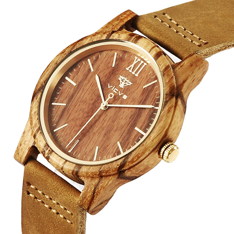 [Australia] - Wooden Watches for Men and Women, Natural Walnut/Olive Wood VICVS Japanese Quartz Chronograph, Adjustable Strap, Military Sports and Leisure Zebra-1 