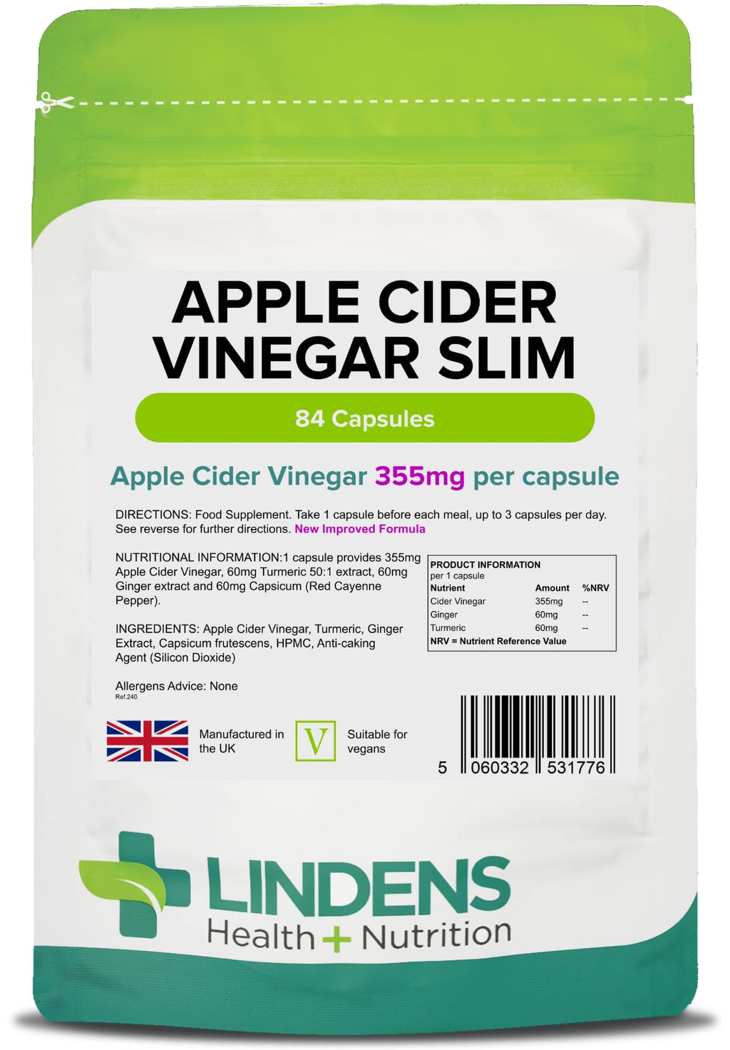 [Australia] - Lindens Apple Cider Vinegar Slim Capsules - 84 Pack - Contributes to Healthy Metabolism, Healthy Thyroid Function, Reduction of Tiredness & Fatigue - UK Manufacturer, Letterbox Friendly 