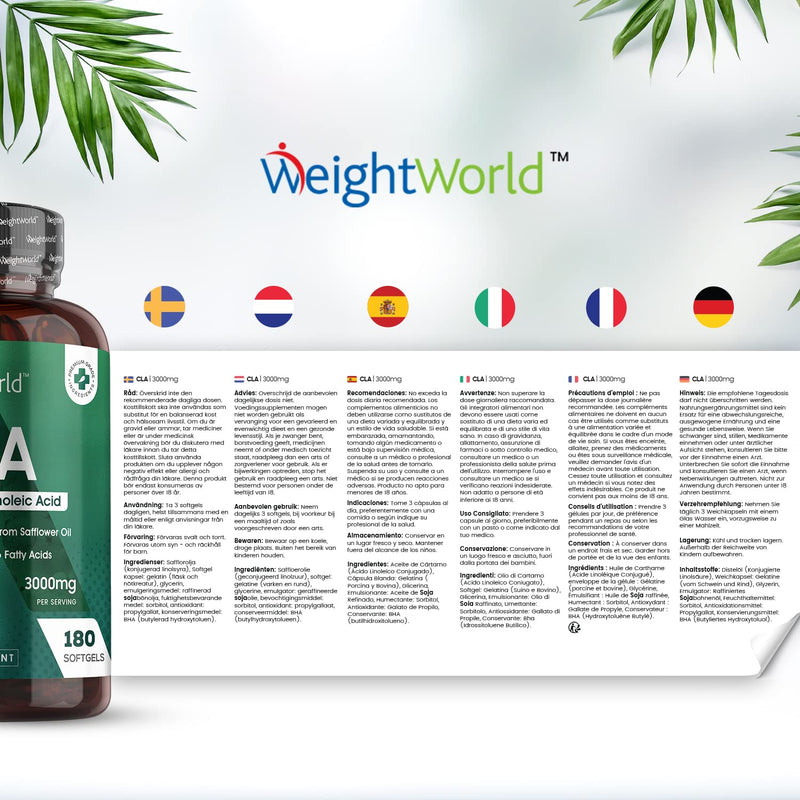 [Australia] - CLA Supplement 3000mg - 180 High Strength CLA Softgels (2 Months Supply) - Conjugated Linoleic Acid - Pure Safflower Oil Capsules - Pre Workout & Weight Management Supplement for Men & Women 