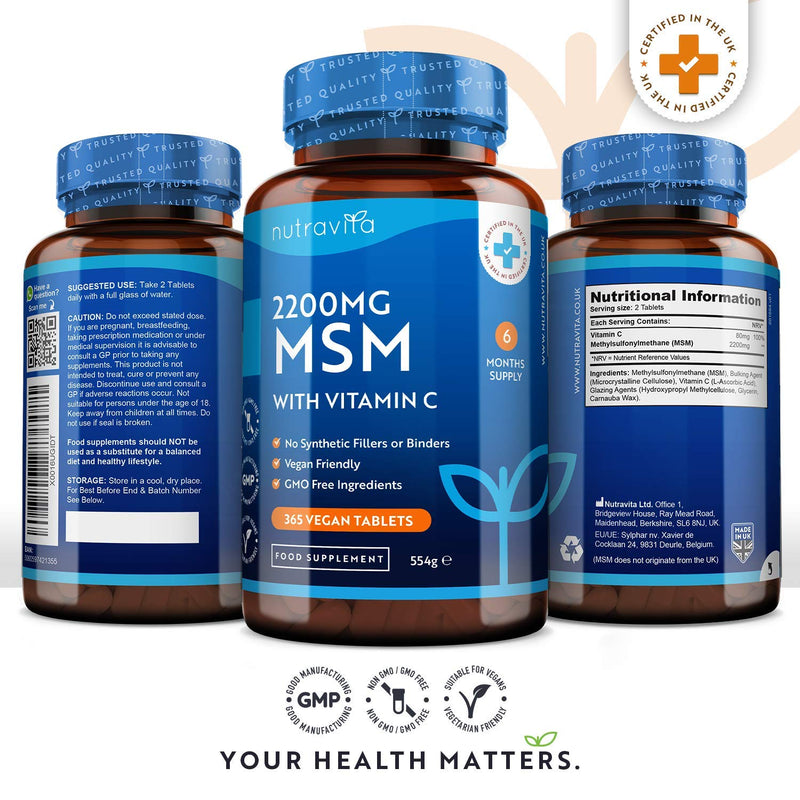 [Australia] - MSM 2200mg Tablets – 365 Vegan Tablets – Methylsulfonylmethane with 80mg Vitamin C – 6 Month Supply - Made in The UK by Nutravita 