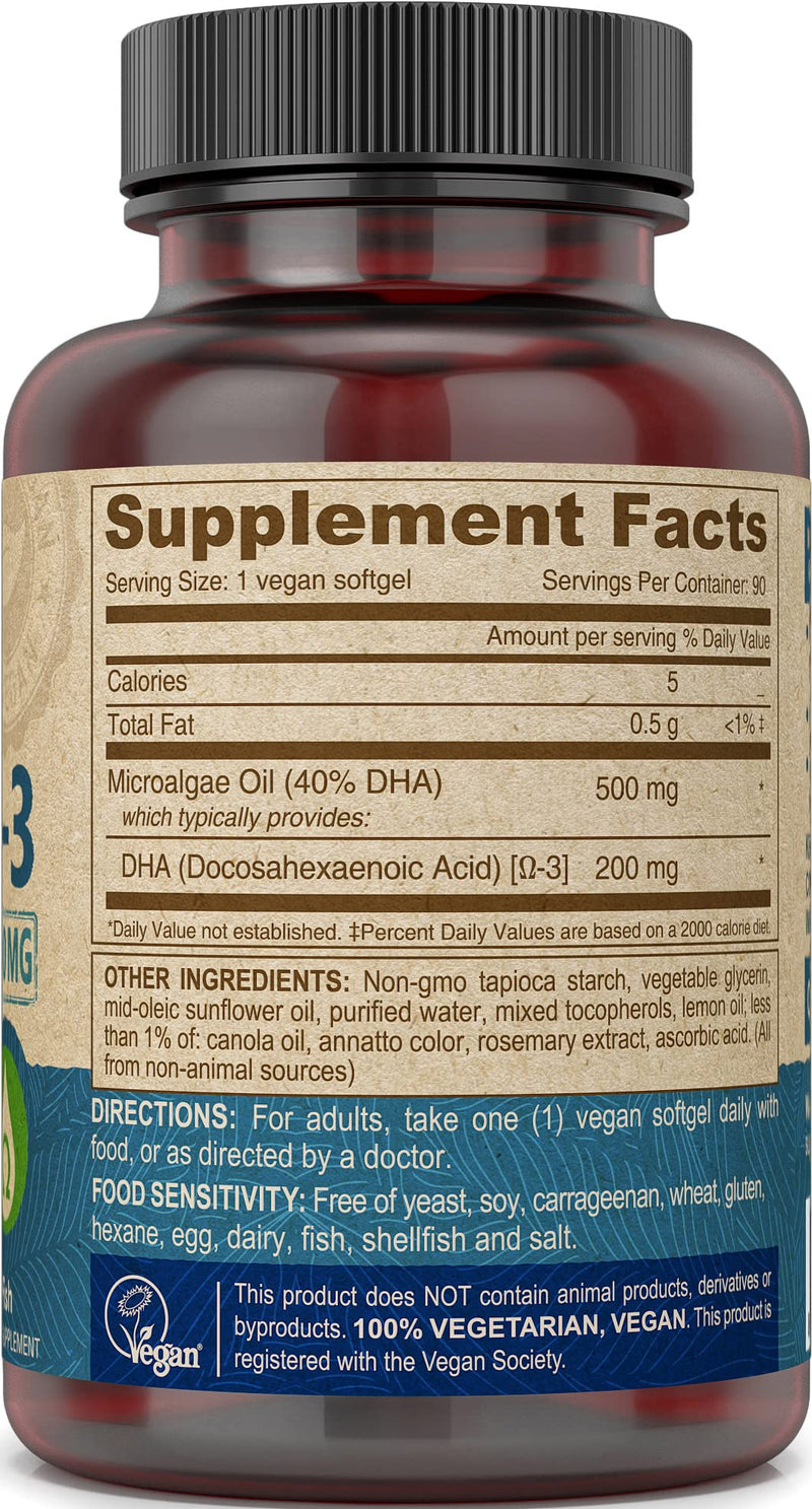 [Australia] - DEVA Vegan Vitamins Vegan DHA (Algae) 200mg Vegan Softgels, 90-Count Bottle 