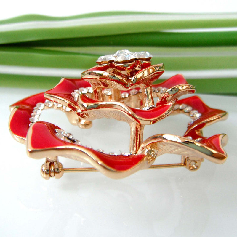 [Australia] - Navachi 18k Gold Plated Crystal Rose Flower Enamel Brooch pins Red 