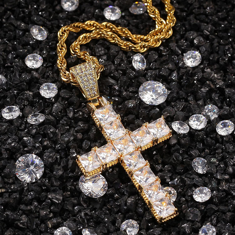 [Australia] - YL Men's Gold Cross Necklace 361L Stainless Steel 5A Cubic Zirconia Pendant Figaro Chian Crucifix Cross Pendant Lord's Prayer Jewelry with 24 Inch 18k Gold 