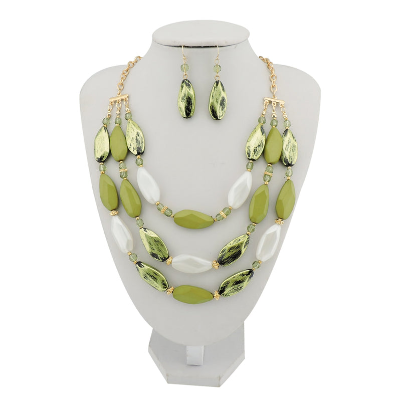 [Australia] - Bocar 3 Layer Beads Statement Necklace Earring for Women Jewelry Set army green 