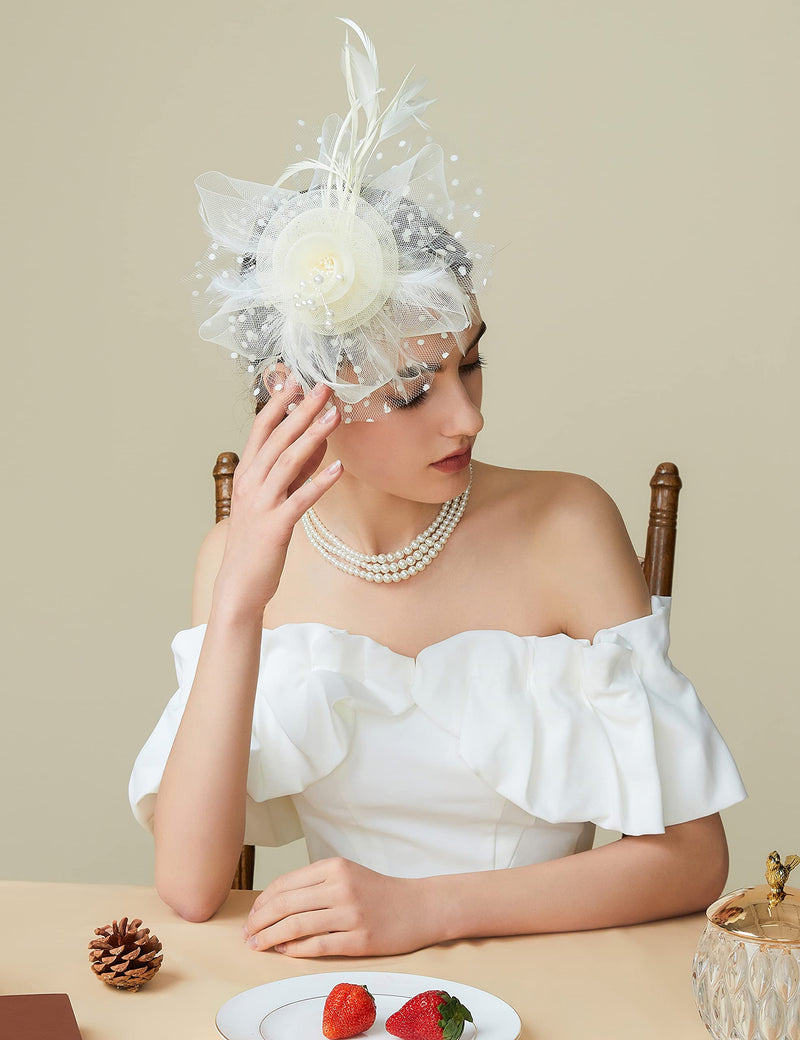 [Australia] - ArtiDeco Mesh Feather Fascinator Flower Hair Clip Fascinators Hat Bridal Headpiece 1920s Flapper Accessories (Beige) 