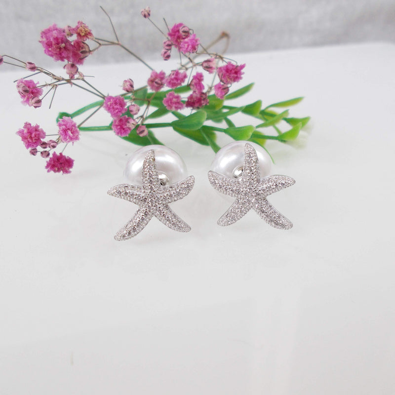 [Australia] - Hiqmic 925 Sterling Silver Starfish Pearl Ear Stud Earrings White Gold Plated Jewelry_WA90120 