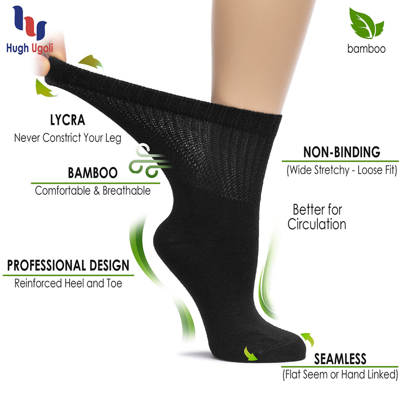 [Australia] - Hugh Ugoli Women's Bamboo Loose Fit Diabetic Crew Socks, Soft, Seamless Toe, Wide Stretchy, Non-Binding Top, 3 Pairs 10-12 Black 