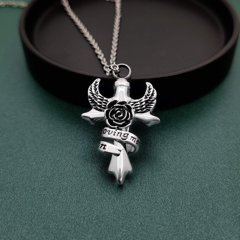 [Australia] - YSAHan in Loving Memory Cross Urn Necklace for Ashes Angel Wing Cremation Memorial Pendant Stainless Steel Waterproof Jewelry Nana 