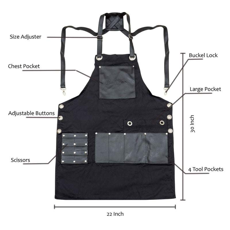 [Australia] - IKAS Apron bib Canvas Professional -Barbers Hairstylists Salon or other professional Workers-multi use- Adjustable with 8 Pockets - 22"WX30"L-Durable Premium Quality- Men and Women 