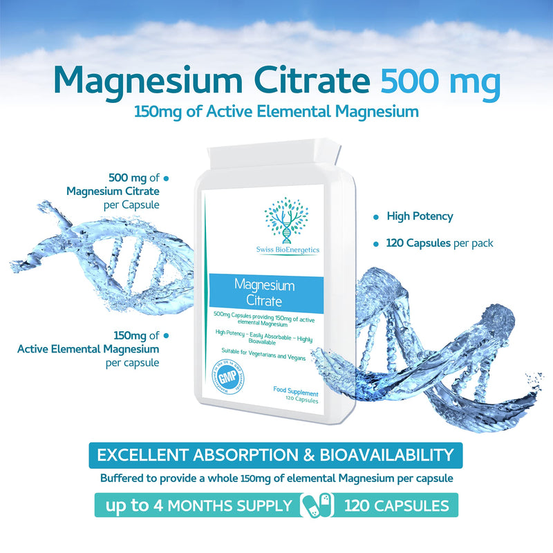 [Australia] - Magnesium Citrate 500mg 120 Capsules - Providing 150mg of Active Elemental Magnesium - High Potency - Easily Absorbable - Highly Bioavailable - UK Manufactured 