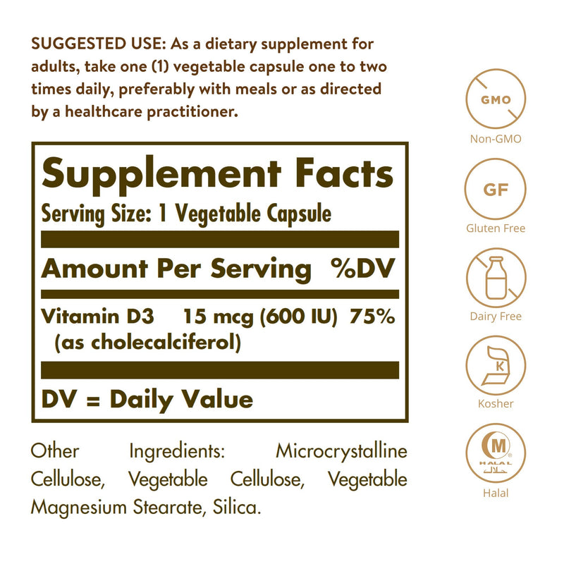 [Australia] - Solgar Vitamin D3 (Cholecalciferol) 15 mcg (600 IU), 120 Vegetable Capsules - Helps Maintain Healthy Bones & Teeth - Immune Support - Non-GMO, Gluten Free, Dairy Free, Kosher, Halal - 120 Servings 