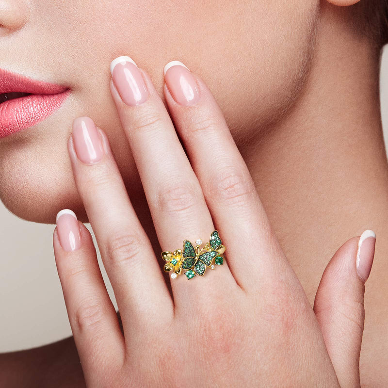 [Australia] - Santuzza Butterfly Ring 925 Sterling Silver Green Spinel Gold Star Flower Dangle Rings Jewelry for Women 6 