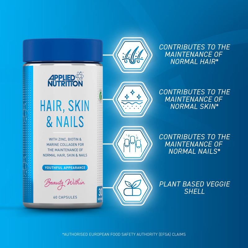 [Australia] - Applied Nutrition Hair, Skin, Nails - Biotin & Marine Collagen for Healthy Hair Growth, Skin & Nails Supplement with 10000 mcg Biotin (60 Capsules - 30 Servings) 