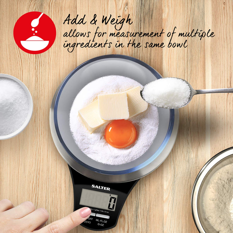 [Australia] - Salter 1035 SSBKDR Electronic Stainless Steel Kitchen Scale, Accurate Weighing up to 5KG, Measures Liquids and Fluids, Add & Weigh Function, Easy View Screen, Black 