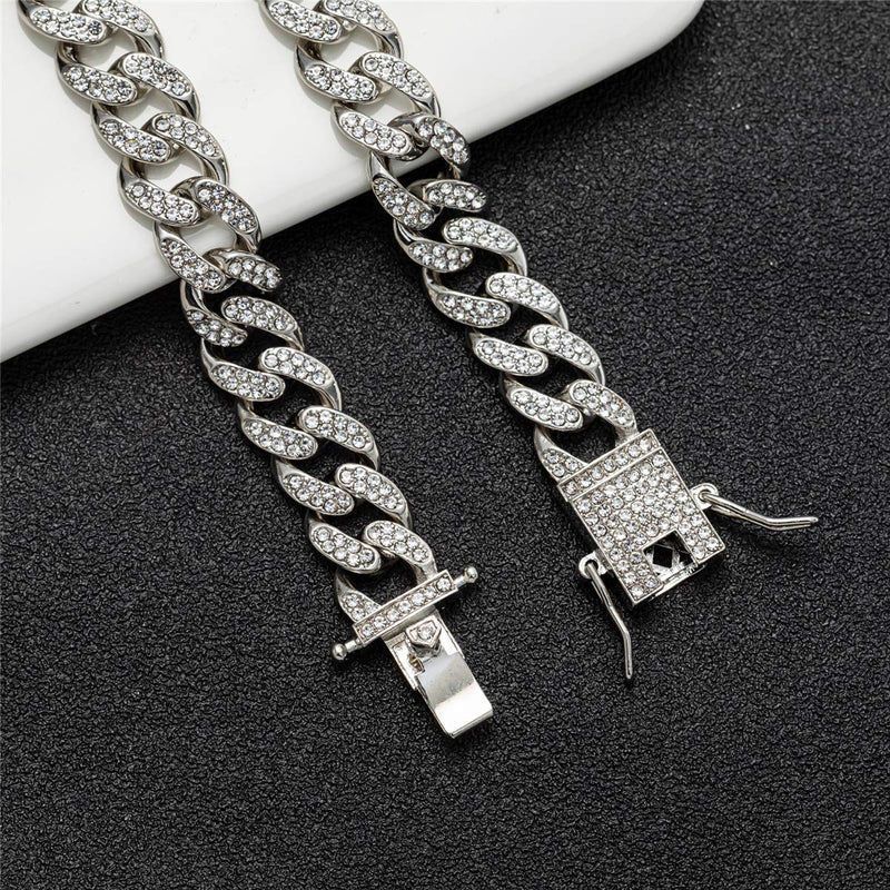 [Australia] - kelistom 18K Gold/White Gold Plated Cuban Link Iced Out Two Line Rhinestones Filled Chain Anklet for Women Teen Girls Men, 12MM Wide Punk Hip-hop Ankle Bracelet, 9" 10" 11" white 10.0 Inches 