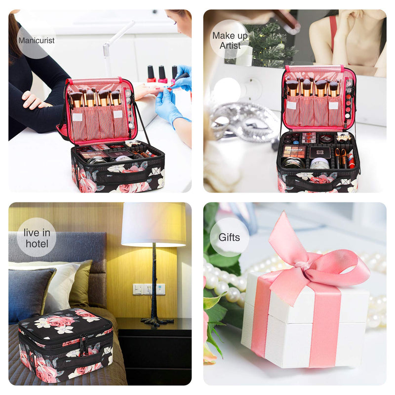 [Australia] - Relavel Travel Makeup Bag 2 Layer Heighten Makeup Train Case Cosmetic Storage and Organizer Box Portable Makeup Carrying Case with Shoulder Strap and Adjustable Dividers (Peony Pattern) Small 1 Peony Pattern 