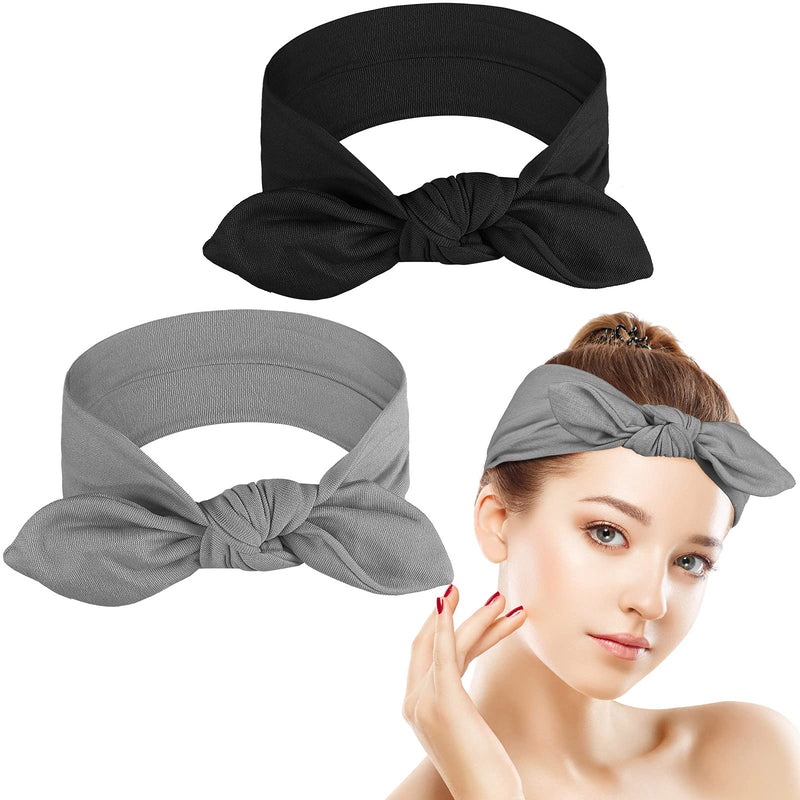 [Australia] - 2 Pieces Bowknot Hair Bands Hair Wrap Elastic Makeup Washing Face Headband Cotton Hair Band Sports Bath Shower Hair Band for Women Girls, Grey, Black 