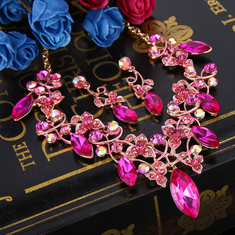 [Australia] - BriLove Women's Costume Fashion Crystal Floral Vine Leaf Statement Necklace Dangle Earrings Set Fuchsia Gold-Tone 