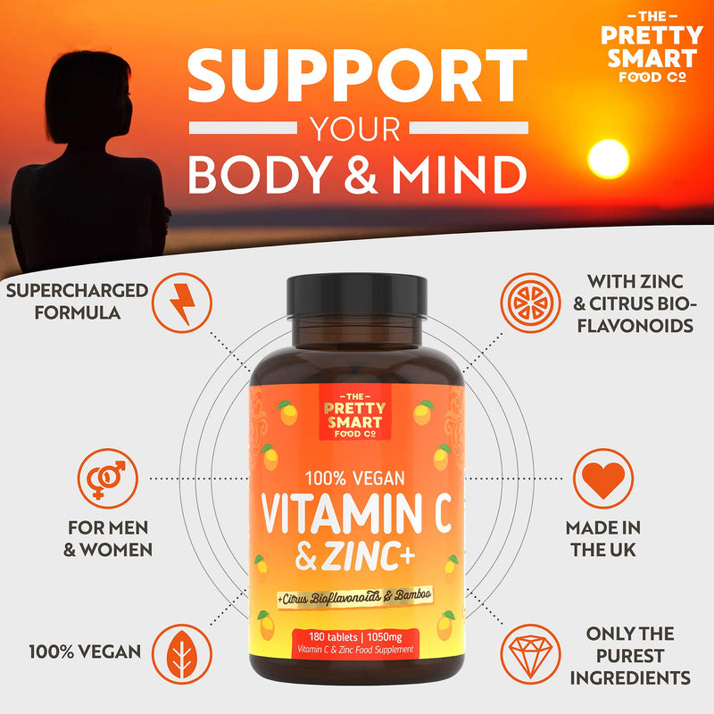 [Australia] - Powerful Vitamin C and Zinc Tablets - Vitamin C 1000mg with Zinc - 6 Month's Supply - Boosted with Citrus Bioflavonoids & Bamboo - For The Maintenance of a Normal Immune System - 180 Tablets - UK Made 