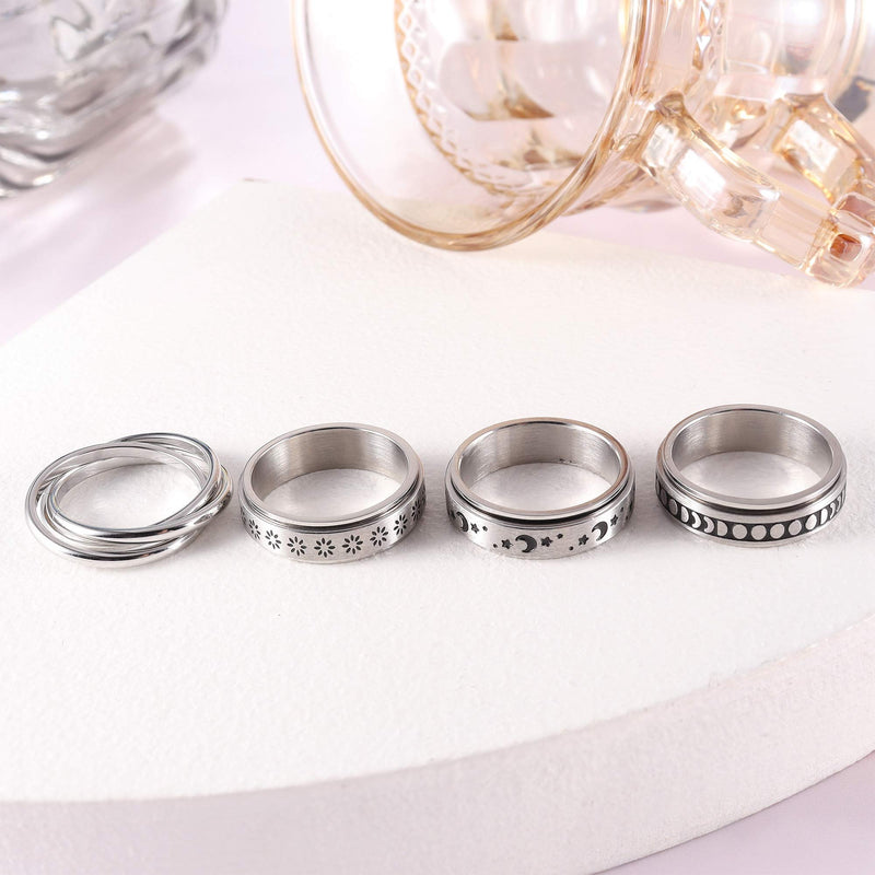 [Australia] - FUNRUN JEWELRY 4 Pcs Stainless Steel Spinner Ring for Women Mens Fidget Band Rings Moon Star Celtic Stress Relieving Wide Wedding Promise Rings Set 5 