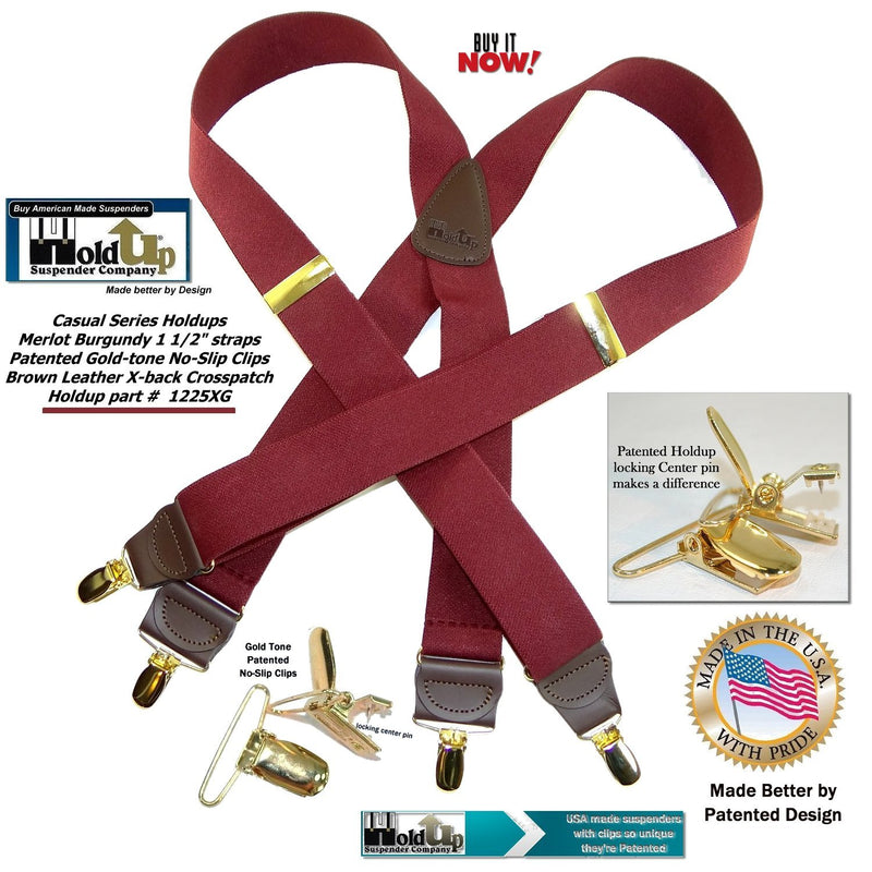 [Australia] - HoldUp Brand Merlot Burgundy X-back Suspenders with patented No-Slip Gold-tone center pin clips 