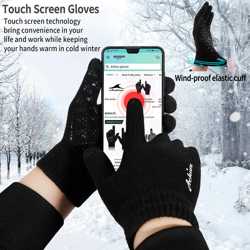 [Australia] - Achiou Winter Knit Gloves Touchscreen Warm Thermal Soft Lining Elastic Cuff Texting Anti-Slip 3 Size Choice for Women Men Black Medium 