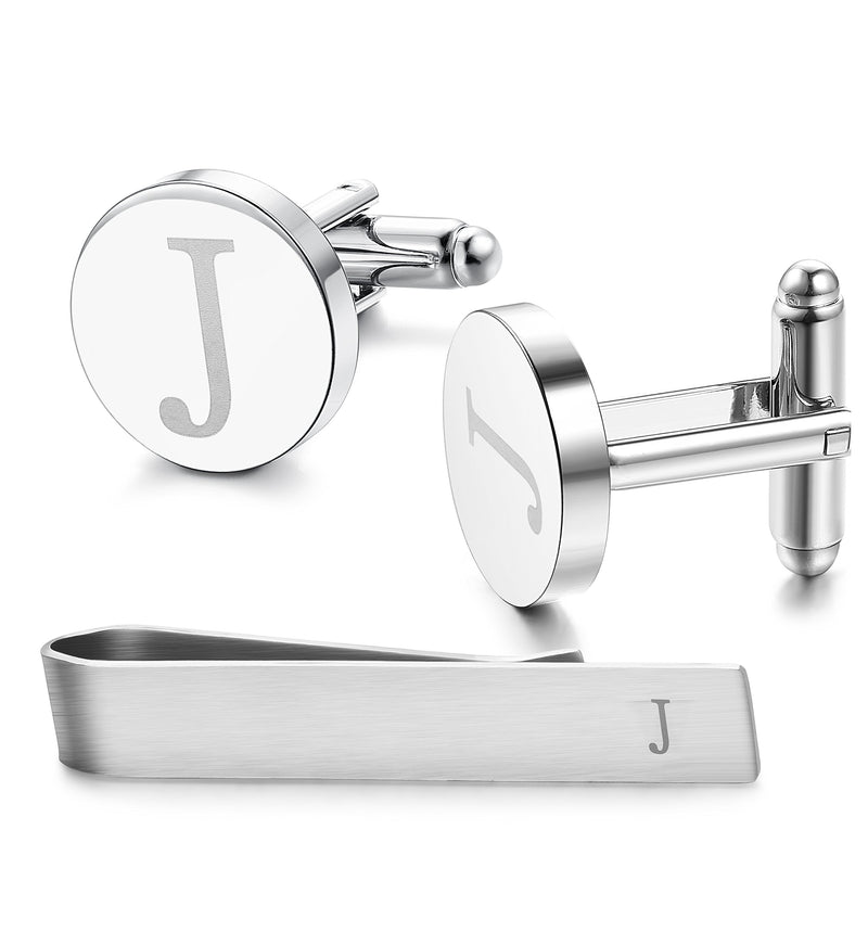 [Australia] - LOYALLOOK Stainless Steel Engraved Initial Cufflinks and Tie Clip Bar Set Alphabet Letter with Gift Box A-Z J 