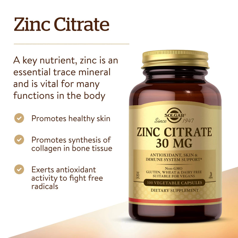 [Australia] - Solgar Zinc Citrate 30 mg, 100 Vegetable Capsules - Zinc for Healthy Skin, Taste & Vision - Immune System & Antioxidant Support - Citrate Form for Optimal Absorption - Non GMO, Vegan - 100 Servings 