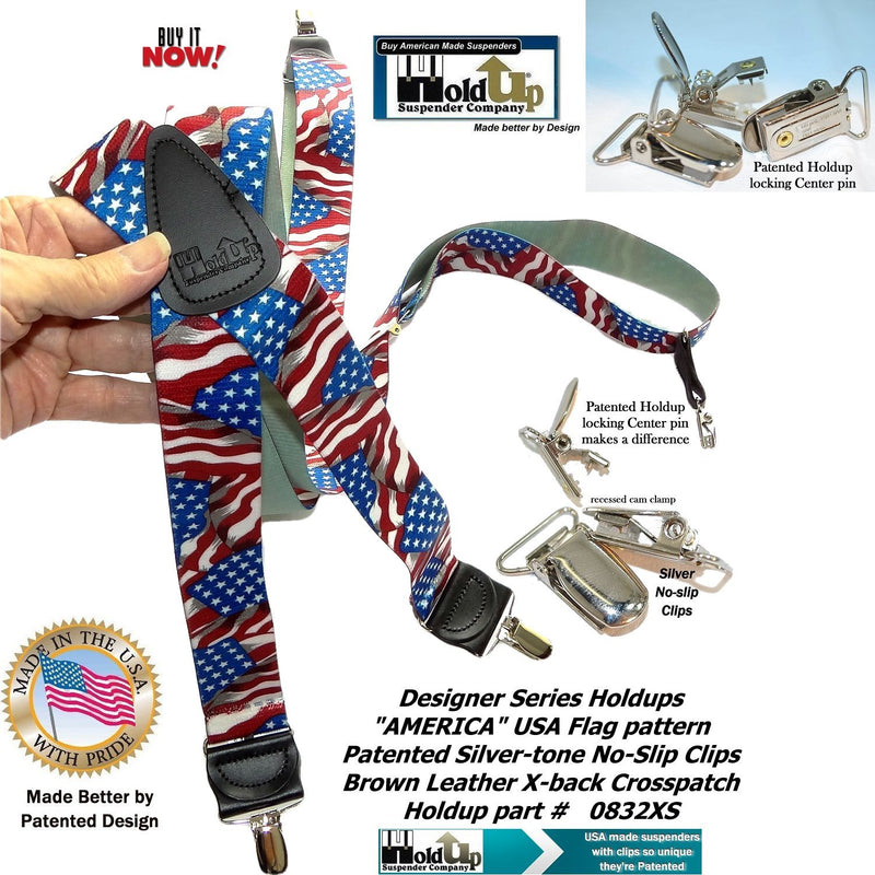 [Australia] - Holdup USA Flag Pattern Designer series X-back suspenders in 1 1/2" width and patented No-slip Silver-tone Clips 