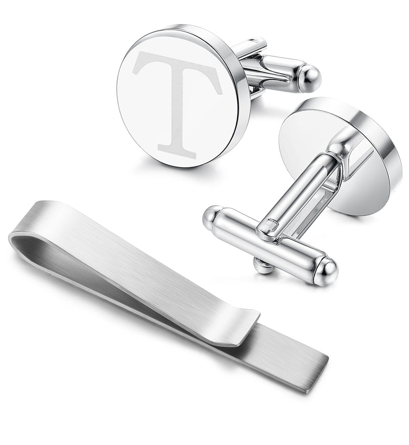 [Australia] - LOYALLOOK Stainless Steel Engraved Initial Cufflinks and Tie Clip Bar Set Alphabet Letter with Gift Box A-Z T 