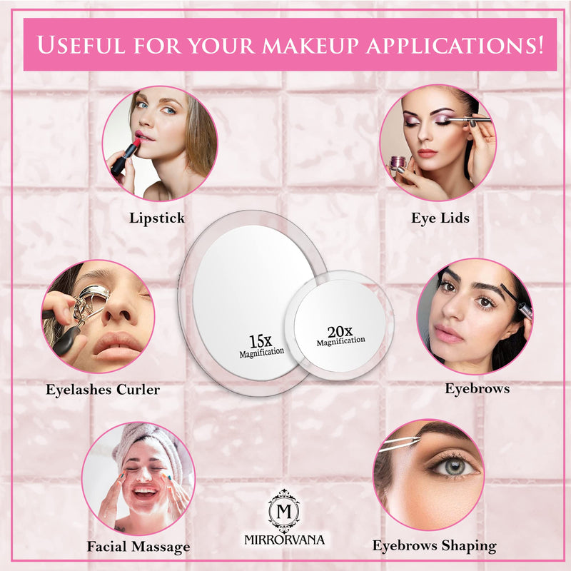 [Australia] - 20X & 15X Magnifying Mirror Combo Set with 3 Stick On Suction Cups For Makeup and Tweezing Eyebrows - Compact Handheld Design & Travel Ready - Extremely Strong X20 Zoom - 15cm & Small 10cm Diameter 