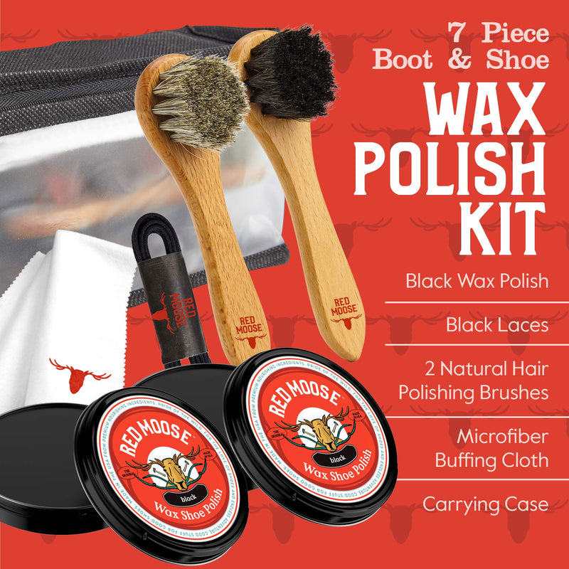 [Australia] - Full Leather Wax Shoe Polish Kit - 2x Brush, Buffing Cloth, Travel Case, Laces - Red Moose Black 