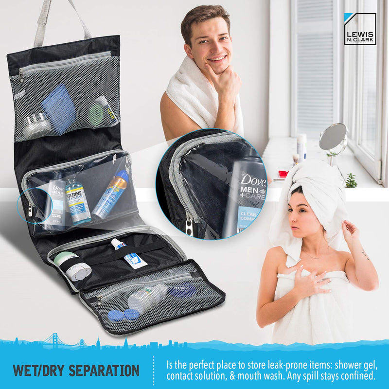 [Australia] - Lewis N. Clark Hanging Toiletry Bag for Travel Accessories, Shampoo, Cosmetics + Personal Items with Waterproof Compartment and Folding Design 