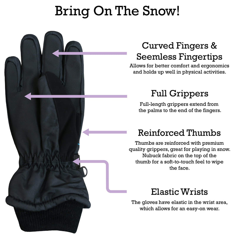 [Australia] - N'Ice Caps Girls Waterproof Thinsulate Fashion Design Winter Snow Ski Gloves Black Scroll Print 9-11 Years 