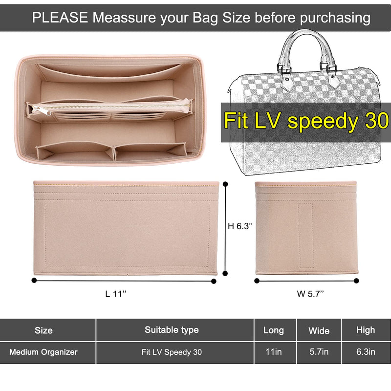 [Australia] - Doxo Felt Purse Organizer Insert with Zipper Bag Tote Handbag Shaper Fit For LV Speedy 30 & base shaper 2pc Set(Beige, Medium-Sp 30) Beige 