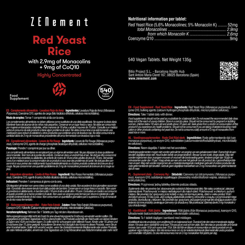 [Australia] - Zenement | Red Yeast Rice with 9mg of CoQ10, 540 Tablets | Vegan, Gluten-Free, Citrinin Free 