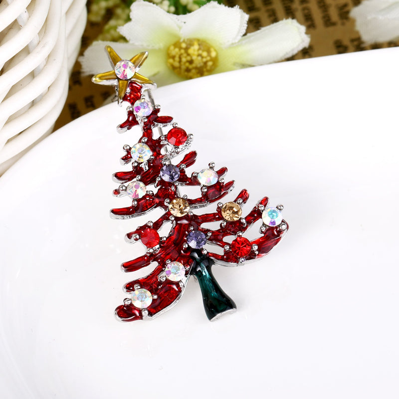 [Australia] - EVER FAITH Crystal Enamel Yellow Star Christmas Tree Brooch Pin Red Silver-Tone 