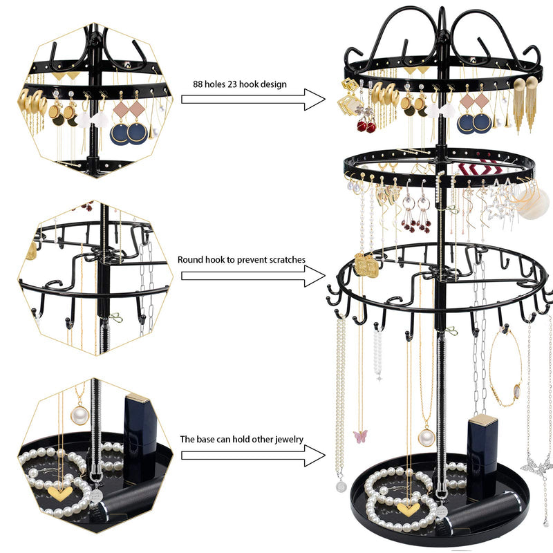 [Australia] - 3 Tiers Rotating Earring Necklace Organizer Holder, TANOKY Exquisite Metal Jewelry Display Tower Stand Necklace Hanger - 23 Hangers for Bracelets, 88 Holes for Earrings, Tray for Rings Black 