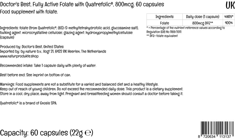 [Australia] - Doctor's Best, Fully Active Folate with Quatrefolic (Folic Acid), 800mcg, 60 Vegan Capsules, Laboratory Tested, Gluten Free, SOYA Free, Vegetarian, Non-GMO 