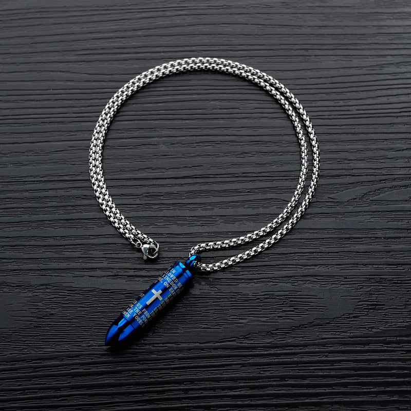 [Australia] - MONIYA Lords Prayer Cremation Urn Necklace for Ashes Stainless Steel Blue Bullet Pendant Cross Necklace, 21.65inch Chain 