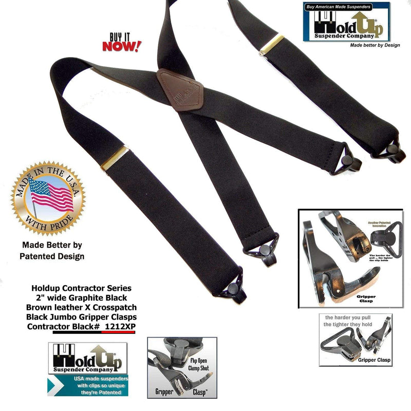 [Australia] - Holdup X-back Heavy Duty 2" Wide Graphite Black Suspenders with Patented jumbo Gripper Clasps 