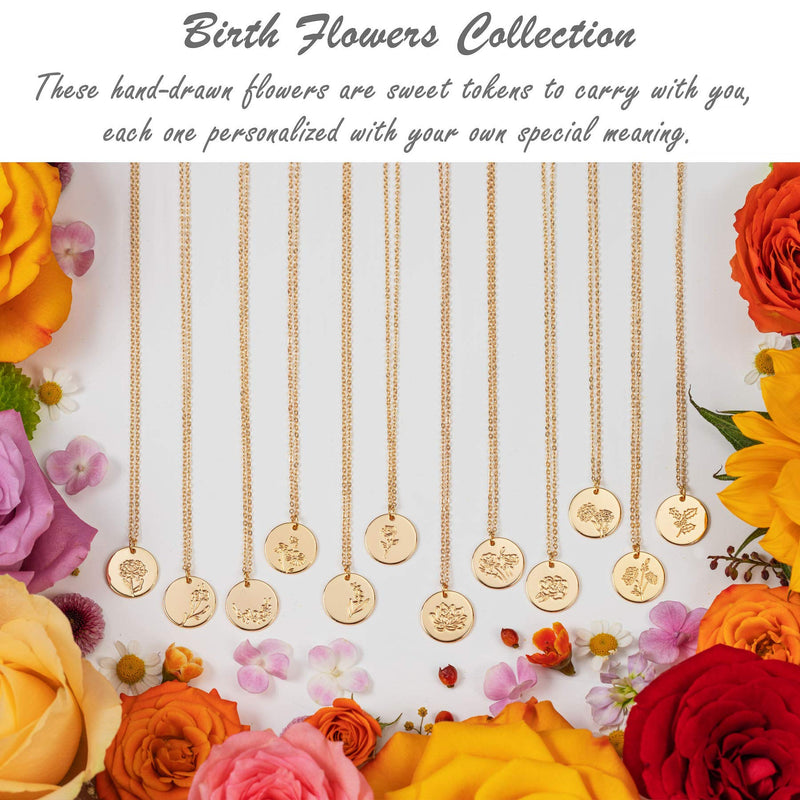 [Australia] - GUEMER 12 Birth Month Flower Pendant Necklace 18K Gold Plated Dainty Simple Month Birth Floral Disc Pendant Engrave Coin Necklace Minimalist Delicate Custom Personalized Jewelry Mom Daughter BFF Gift A:January - Carnation-Style A 