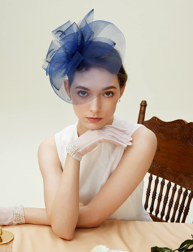 [Australia] - BABEYOND Fascinator Headband Veil Feather Fascinator Hair Clip Tea Party Pillbox Derby Hat Fascinator Bridal Wedding Veil Navy Blue 