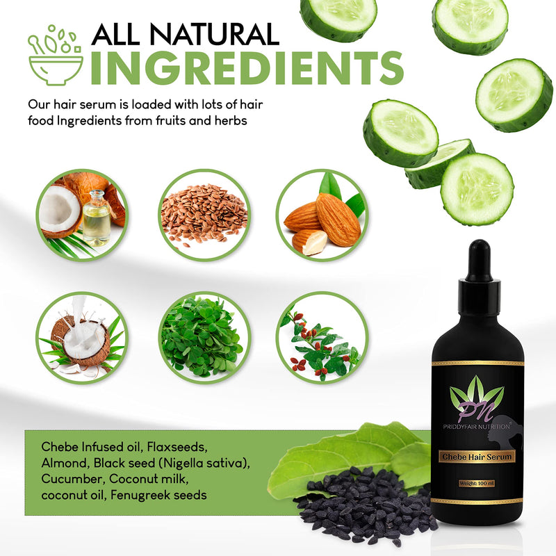 [Australia] - Priddyfair Nutrition Chebe Hair Growth Serum 100ml contains Biotin rich Fruits & Herbs for Anti Hair Loss, Hair Serum Growth Treatment Oil, Thinning Hair | Help Hair Follicle Growth For Men & Women 