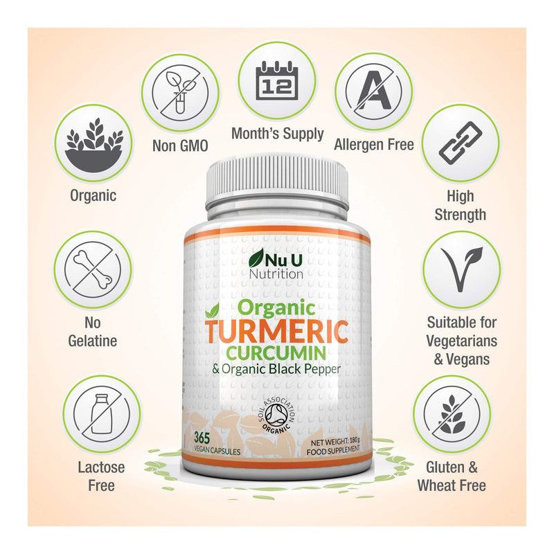 [Australia] - Turmeric Curcumin Organic High Strength 600mg, 365 Capsules with Organic Black Pepper | Suitable for Vegetarians & Vegans | Soil Association Certified, Made in The UK by Nu U Nutrition 