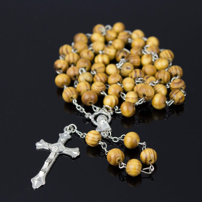 [Australia] - Soul Statement Confirmation Gifts for Girls: Wood Bead Rosary Necklace Silver Cross Virgin Mary Y Necklace Light Brown Wood 