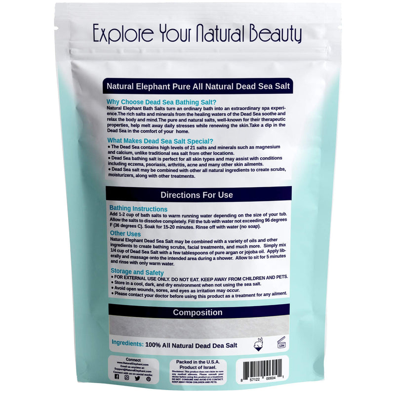 [Australia] - Natural Elephant Dead Sea Salt 100% Natural & Pure 1 lb, 2 lb, 5 lb, 10 lb Bag Fine Grain for Psoriasis Eczema Acne & other Dermatological Needs, 1 lb, 450 g 1 Pound (Pack of 1) 