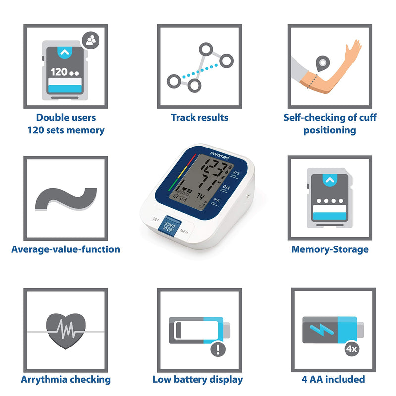 [Australia] - Paramed Blood Pressure Monitor - Automatic Upper Arm Bp Machine with Cuff 8.7"-15.7" - Digital BP Monitor - 120 Readings Memory Function, Large LCD - Batteries & Pouch Included 